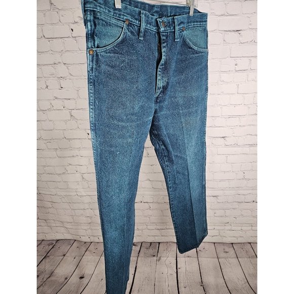 VTG Wrangler Made In USA Blue Green Hand Dyed Straight Leg Jeans Size 36 X 32 - Picture 4 of 11